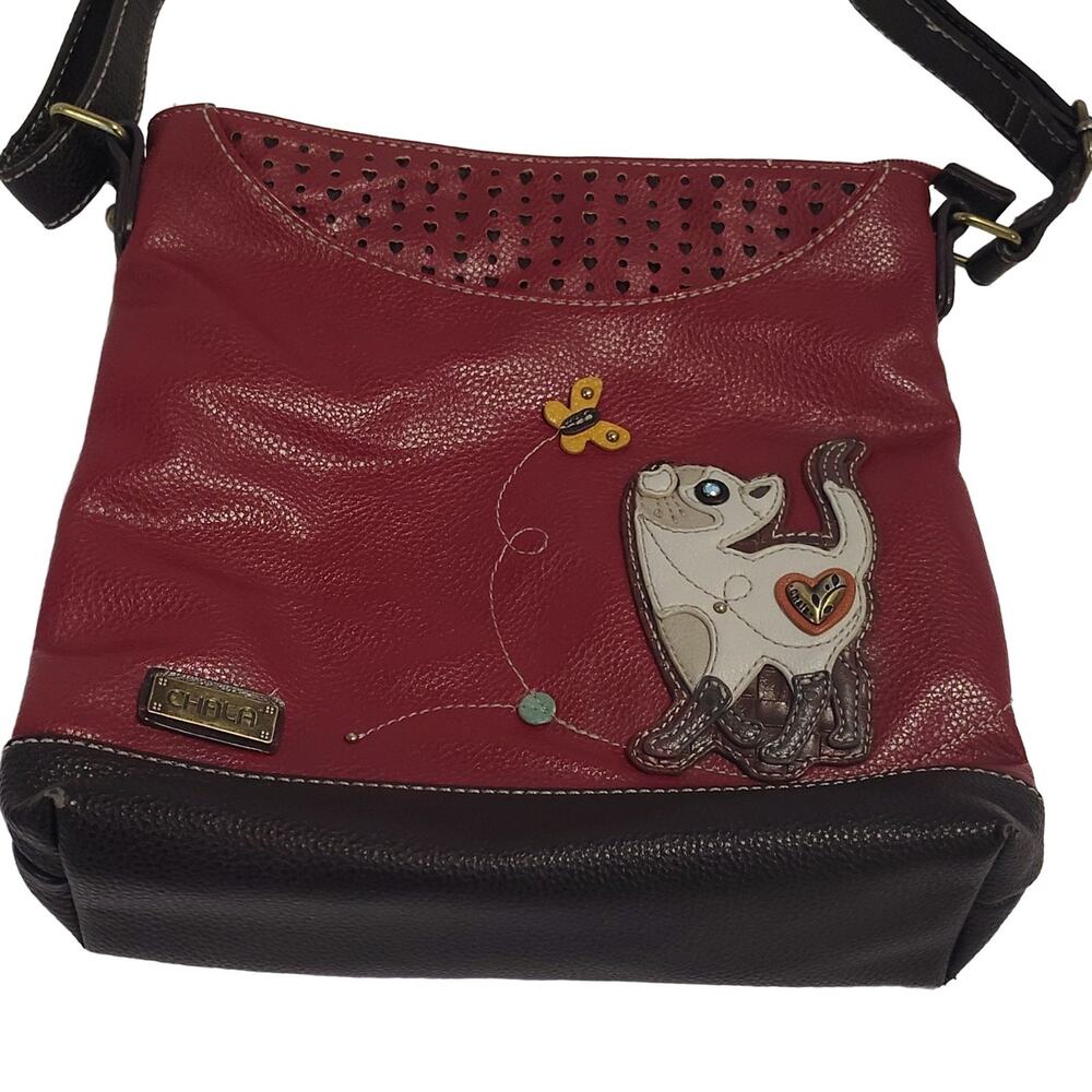CHALA Red Cat Messenger Crossbody Handbag Butterfly *NEEDS ZIPPER*